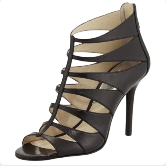 MICHAEL KORS Mavis Black Leather Caged Sandals Size 6.5 Open Toe High Heels - Picture 1 of 12